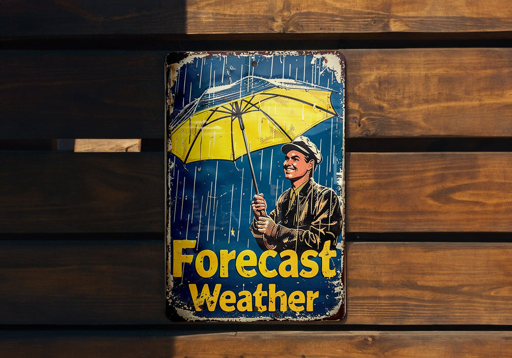 a tin sign with a man holding a yellow umbrella