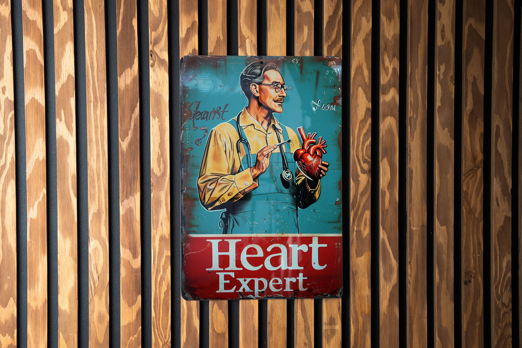 a sign on a wooden wall that says heart expert