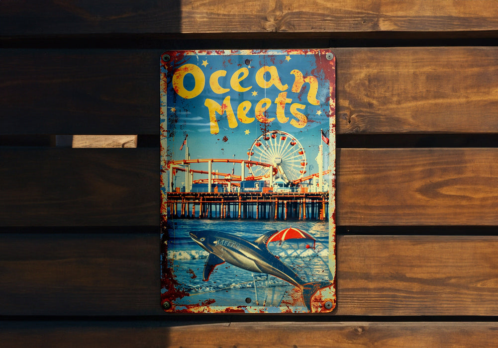 a sign that says ocean meets on a wooden wall