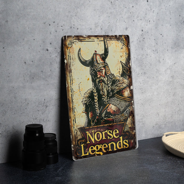 a metal sign with a picture of a viking on it