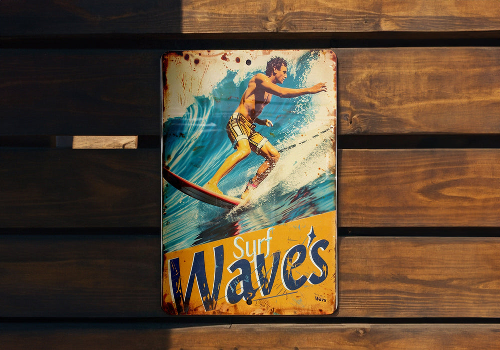 a sign on a wooden wall that says surf waves