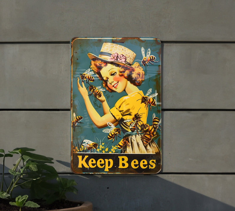 a metal sign that says keep bees on it
