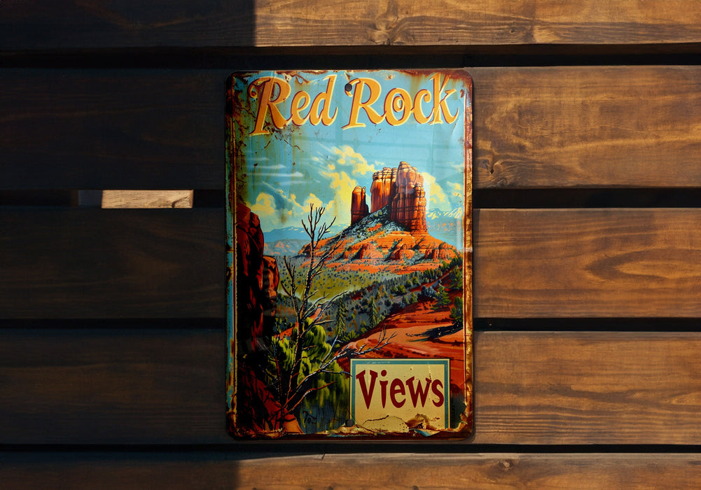 a red rock view book on a wooden bench