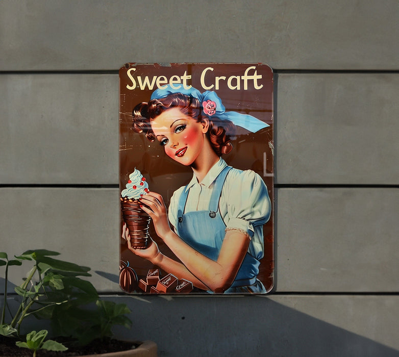 a metal sign with a woman holding a cupcake