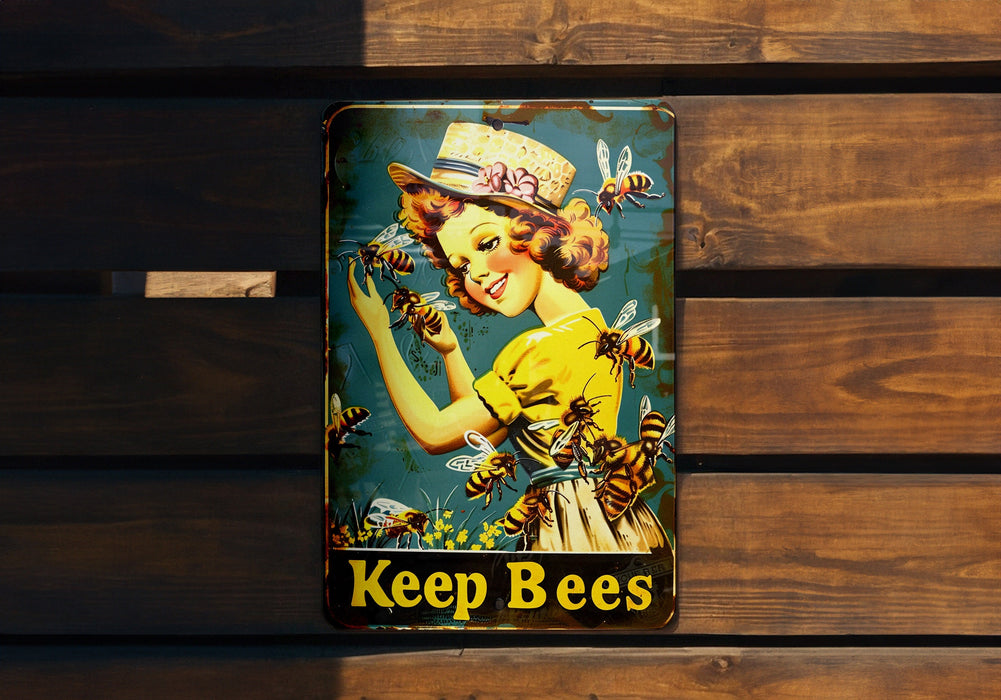 a tin can with a picture of a woman holding bees