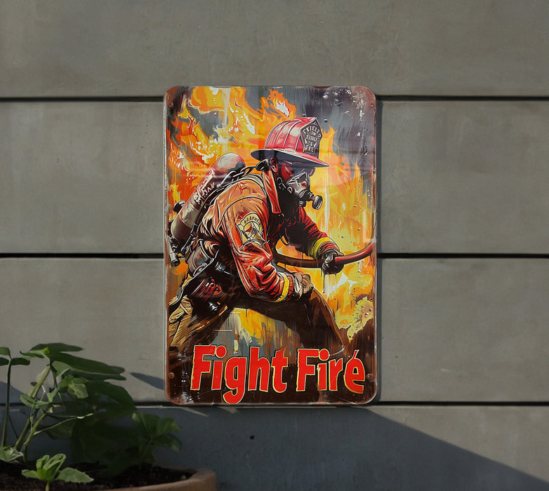 a fire fighter sign on the side of a building