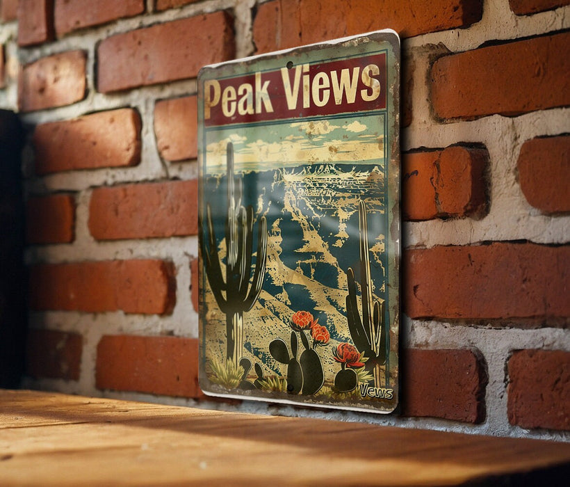 a sign on a brick wall that says peak views