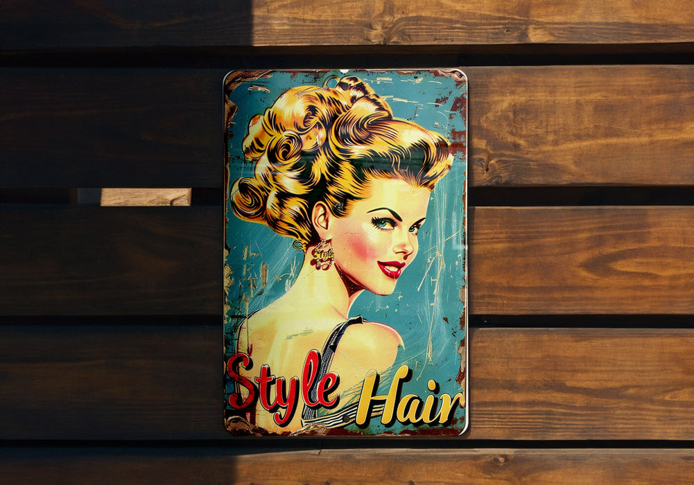 a tin sign with a woman's hair on it