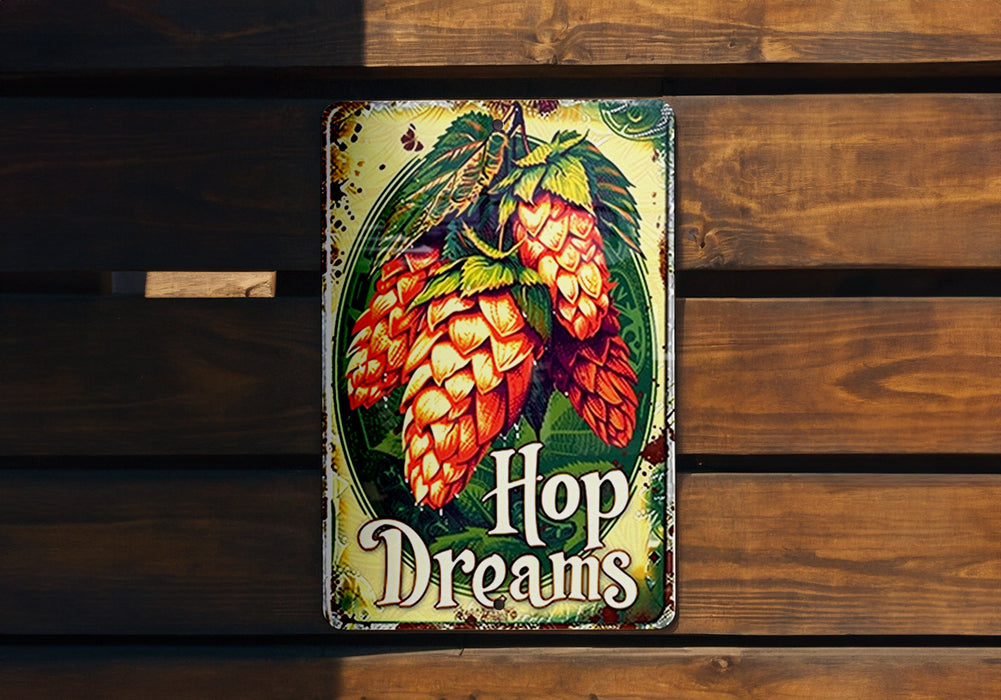 a sign on a wooden bench that says hop dreams