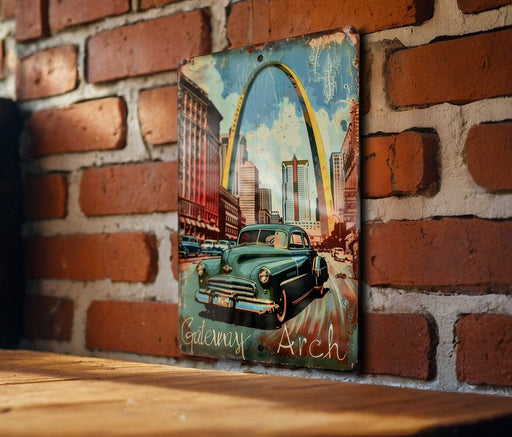 a painting of a car in front of a brick wall