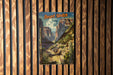 a wooden wall with a poster hanging on it