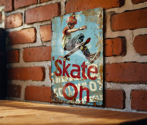 a picture of a skateboarder on a sign on a brick wall