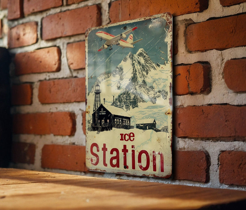 a sign on a brick wall that says ice station