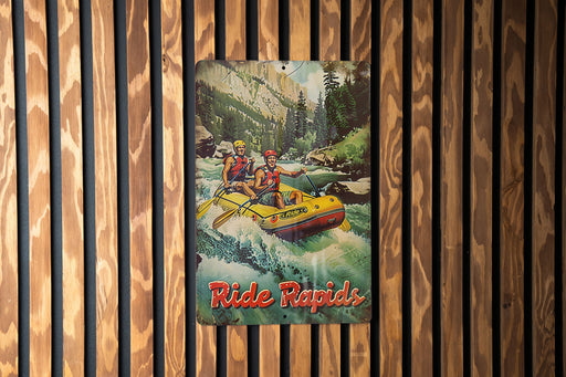 a picture of a man and a woman in a raft on a river