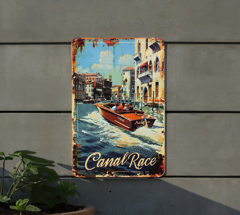 a sign on the side of a building that says canal race