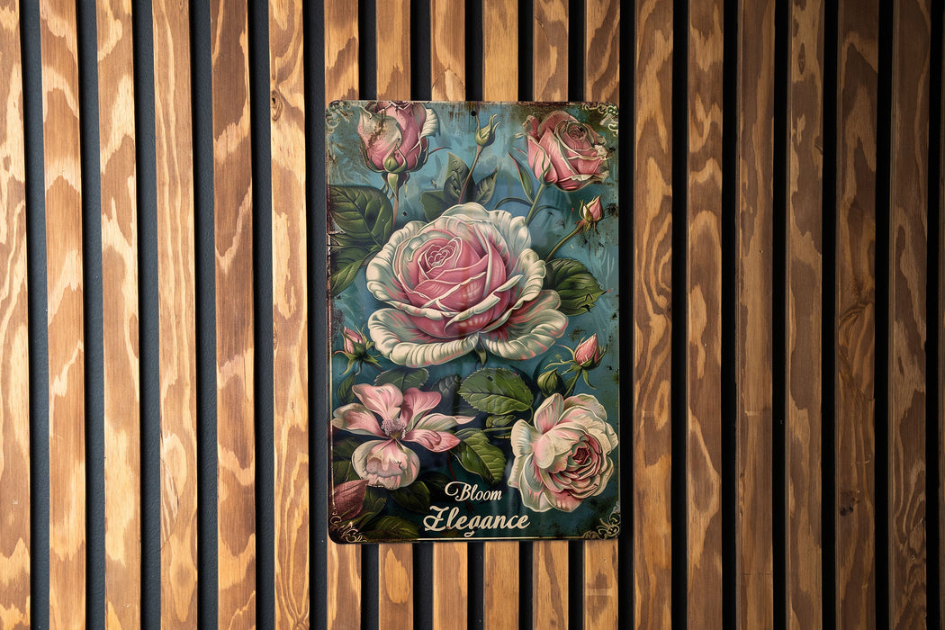 a painting of a pink rose on a wooden wall