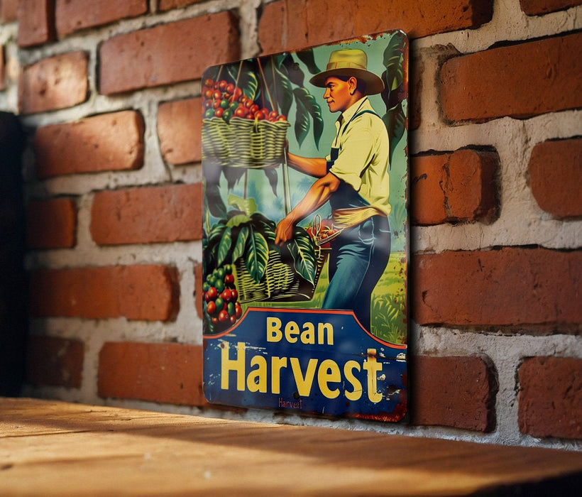 a sign on a brick wall that says bean harvest