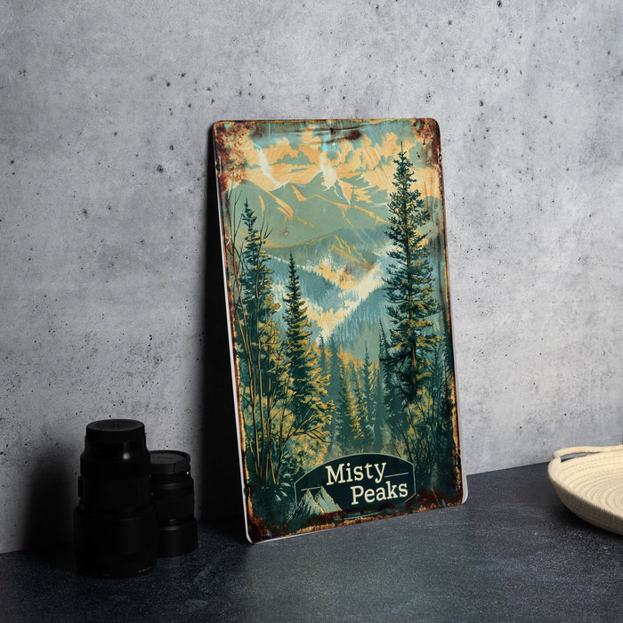 a picture of a mountain scene on a metal sign