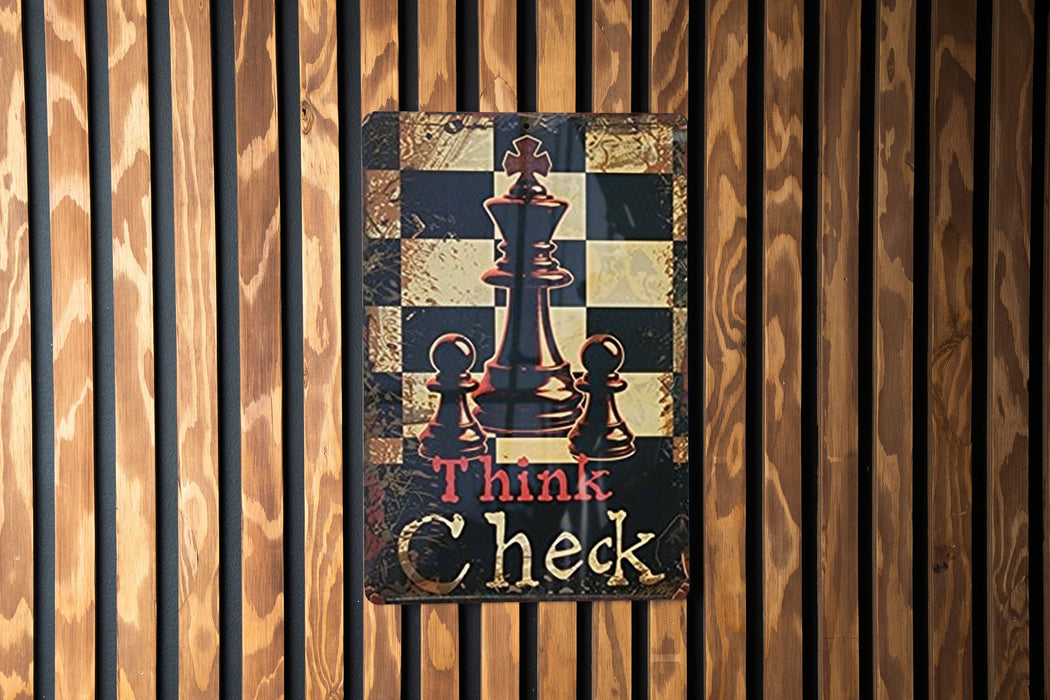 a wooden wall with a sign that says think check