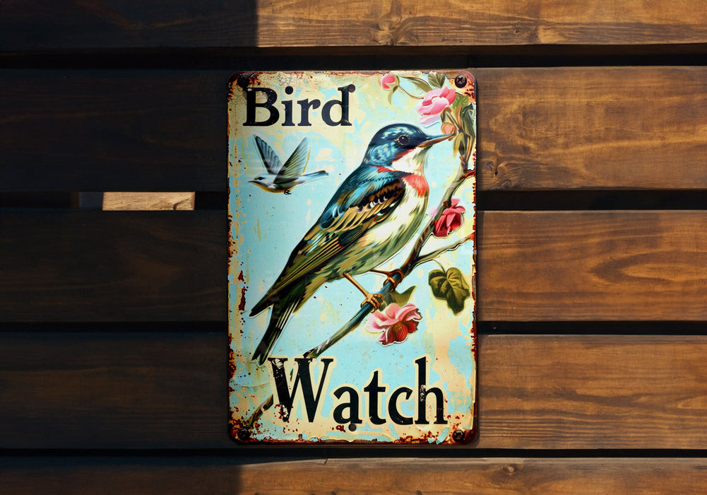 a bird watch sign on a wooden wall