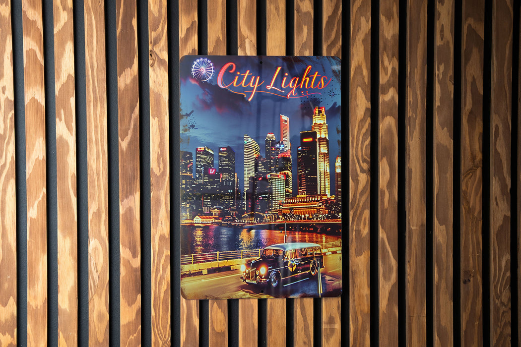 a poster of a city lights on a wooden wall