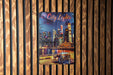 a poster of a city lights on a wooden wall