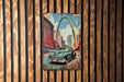 a painting of a car in front of a wooden wall