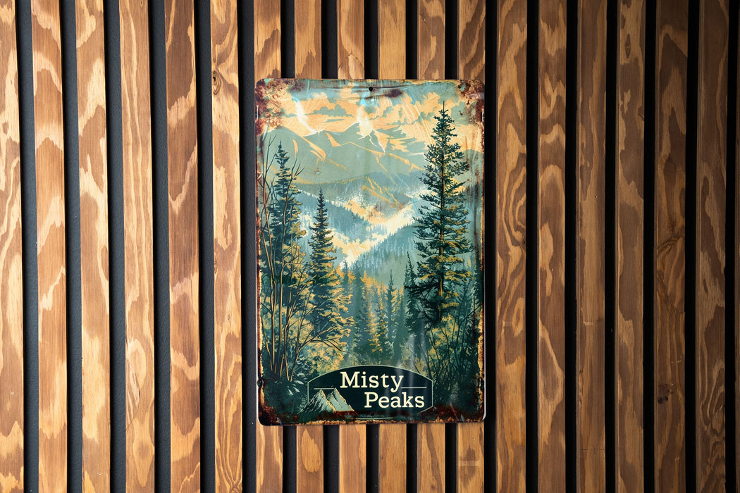 a picture of a mountain scene on a wood paneled wall