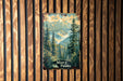 a picture of a mountain scene on a wood paneled wall