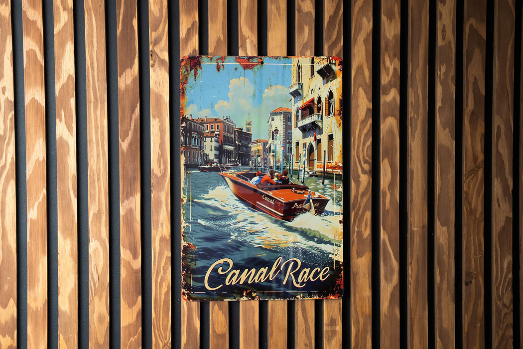 a painting of a boat in a canal on a wooden wall
