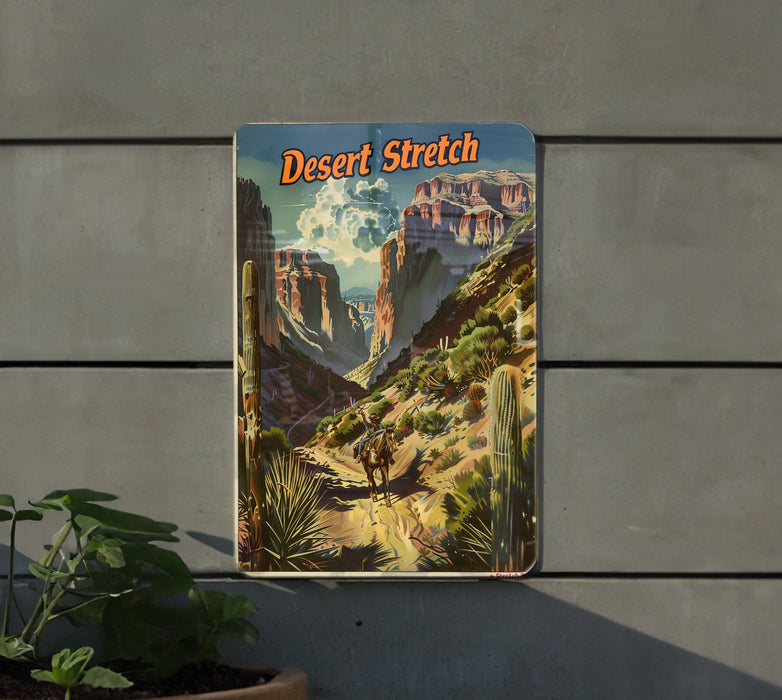 a poster of a desert stretch hanging on the side of a building