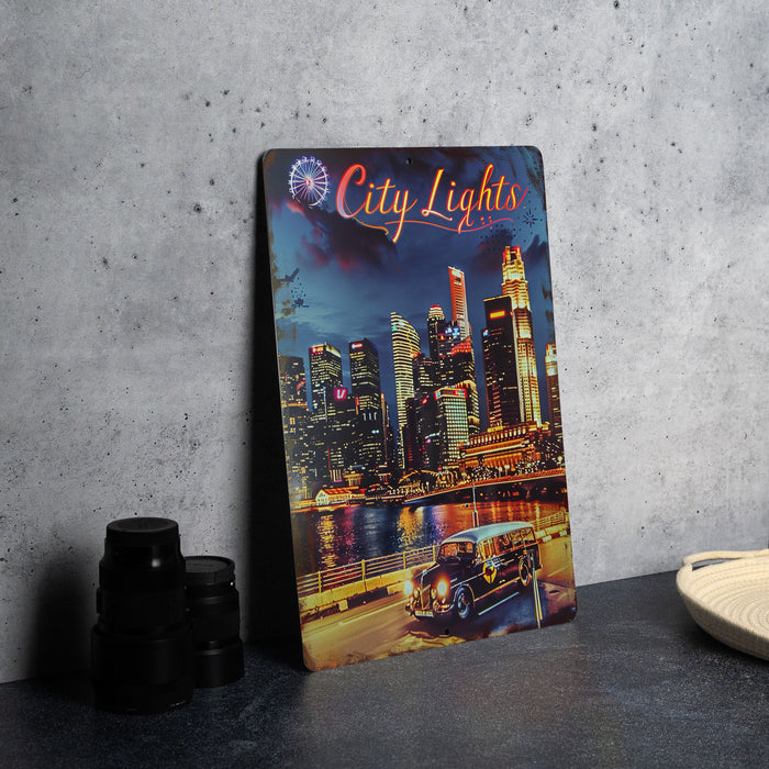 a picture of a city lights sign next to a pair of binoculars