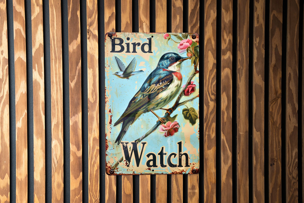 a bird watch sign on a wooden wall