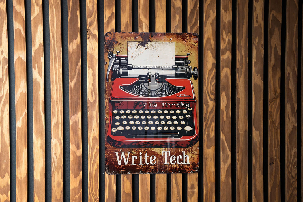 an old fashioned red typewriter on a wooden wall