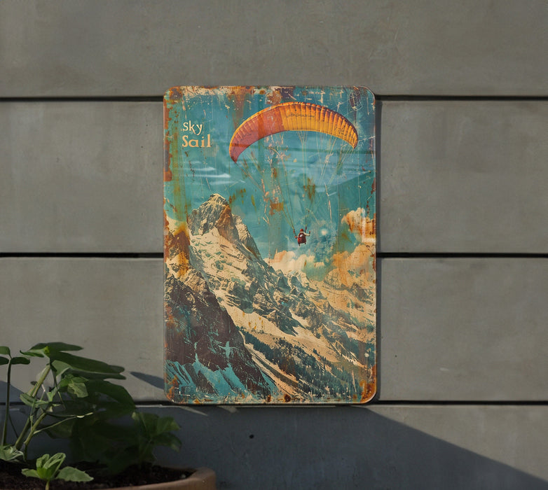 a painting of a paraglider flying over a mountain