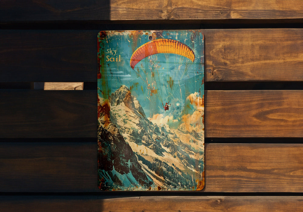 a painting of a paraglider on a wooden bench