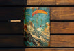a painting of a paraglider on a wooden bench