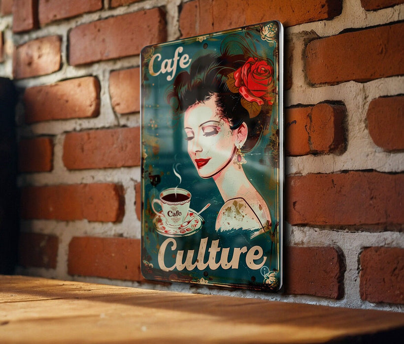 a picture of a woman with a rose in her hair and a cup of coffee