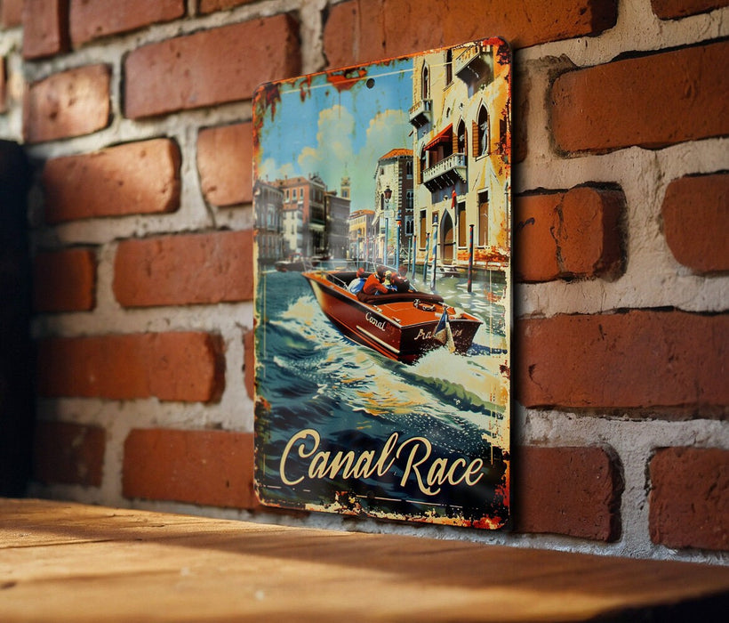 a painting of a boat on a brick wall