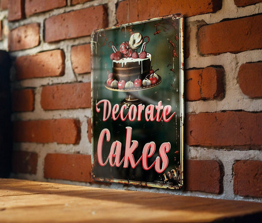 a sign on a brick wall that says decorate cakes