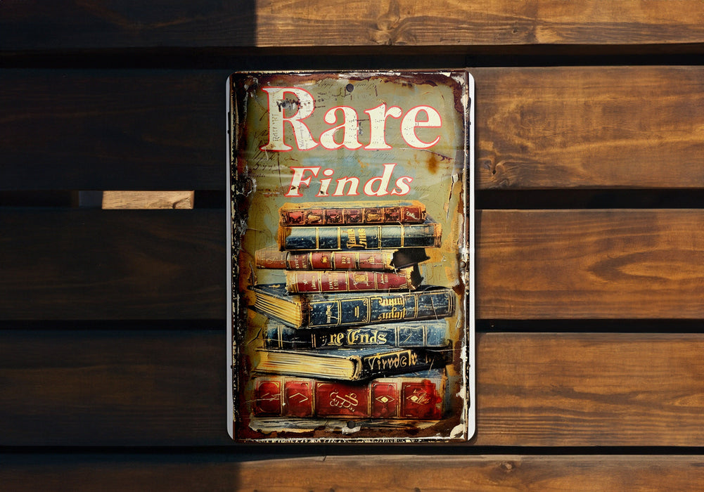 a metal sign that says rare finds on it
