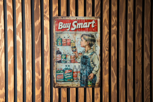 a boy standing in front of a store sign