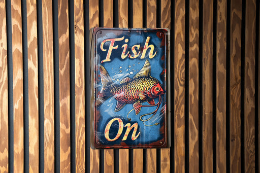 a fish on sign mounted to a wooden wall