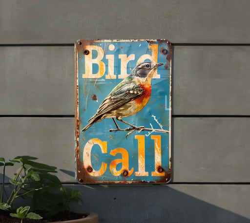 a bird is sitting on a sign that says bird call