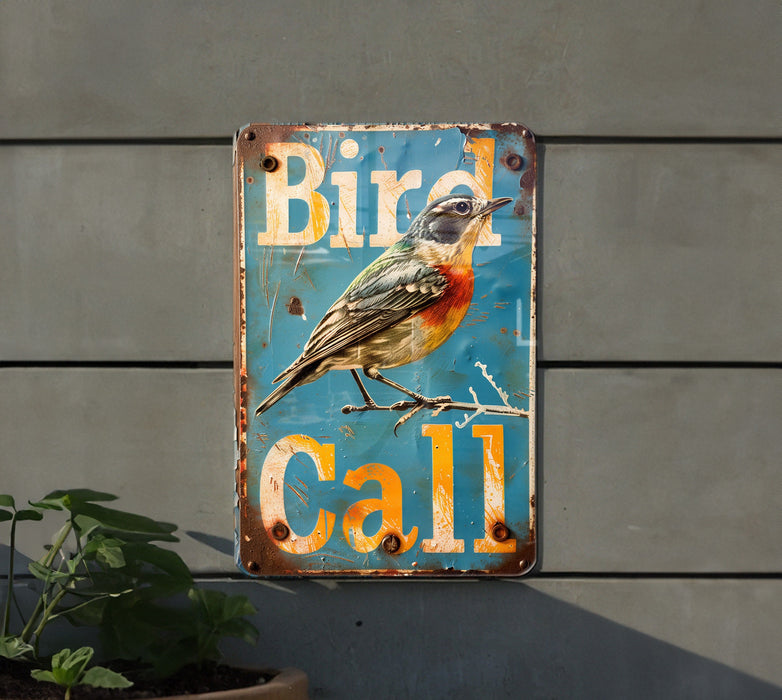 a bird is sitting on a sign that says bird call