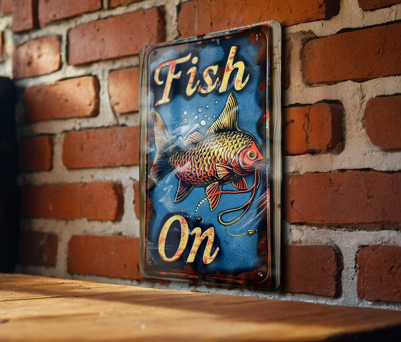 a fish on sign mounted on a brick wall