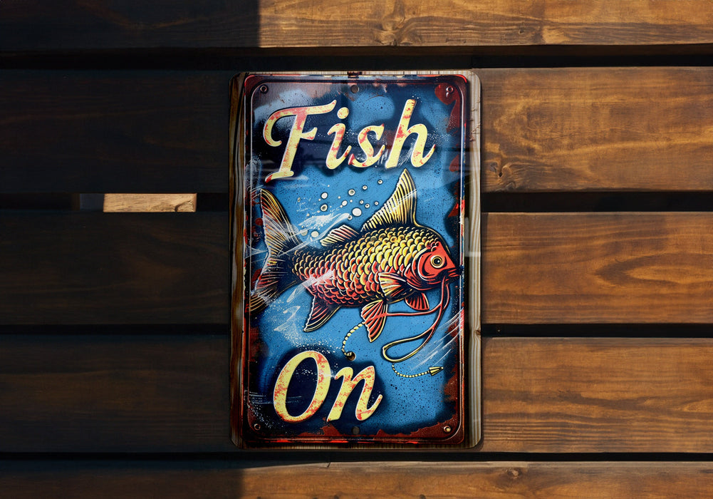 a fish on sign on a wooden wall