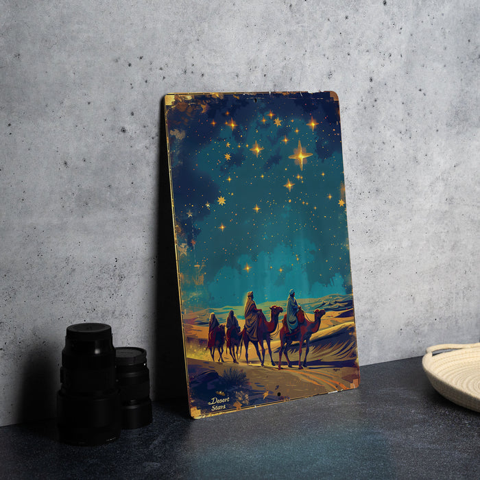 a painting of three people riding camels in the desert