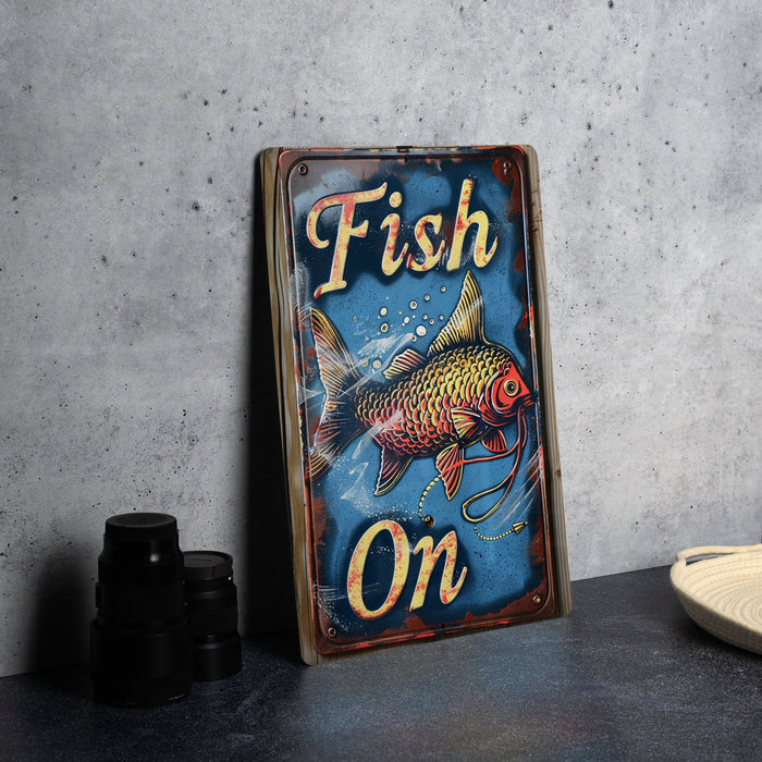 a sign that says fish on on a table