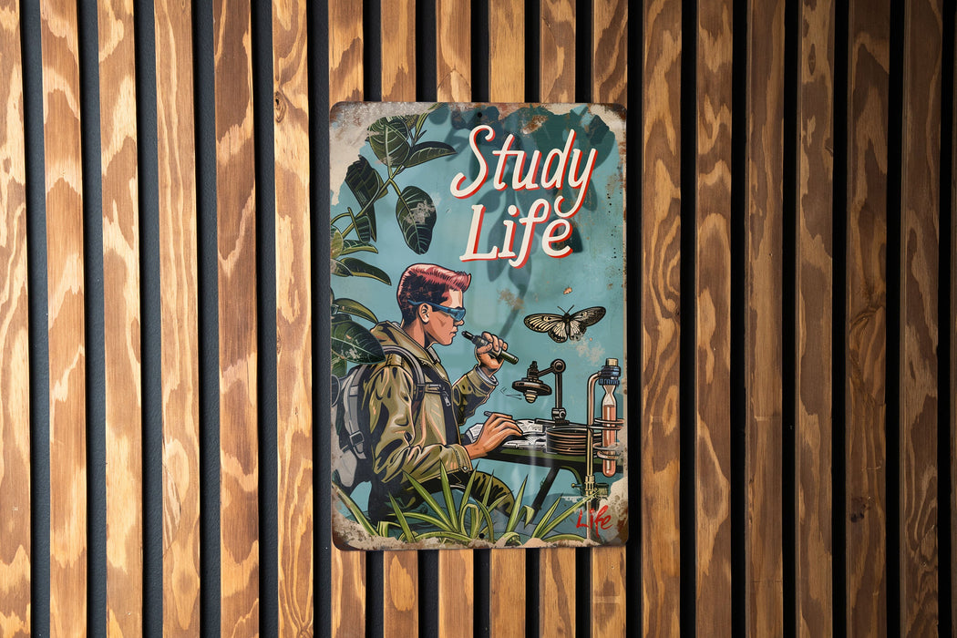 a sign on a wooden wall that says study life